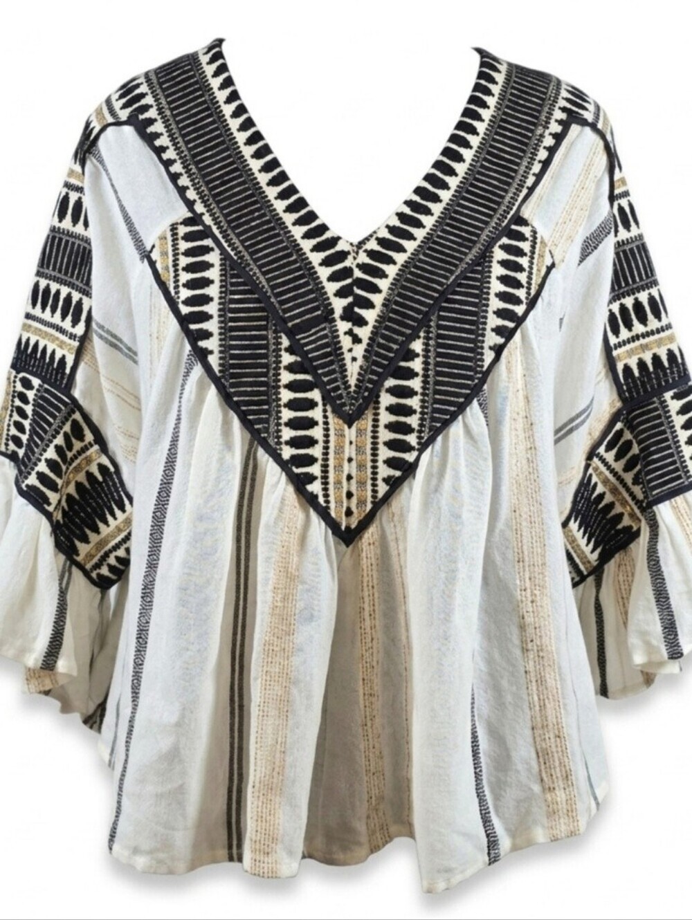 THML Embroidered Boho Peasant Blouse XS White Black Gold Ruffle Bell Sleeve Top